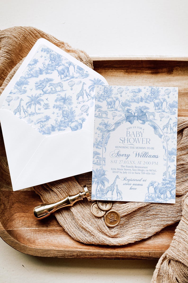Blue Toile Safari Baby Shower Bundle, Vintage French All Blue Floral Bow Invitation Templates, Safari Animal Theme, Printable Games Bundle image 9