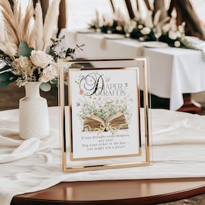 Nieuw hoofdstuk begint luier loterij teken, verhalenboek baby shower teken afdrukbaar, wilde bloemen vlinder boek thema feestdecor, digitale download