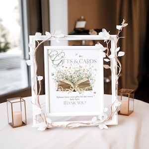 Nieuw hoofdstuk babyshower cadeaus en kaarten teken, verhalenboek wilde bloemen strik babyshower, boeken thema, tafel cadeau bord, afdrukbaar feestdecor
