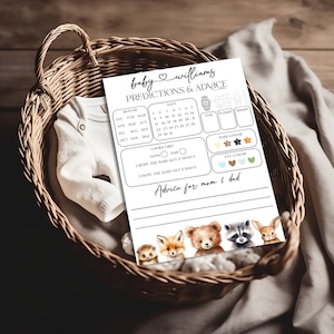 Voorspellingen en advies Baby shower spelkaart, babyvoorspellingen, bosdieren Baby shower Party Games afdrukbaar, advies voor ouders kaart