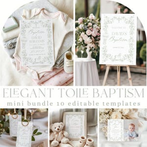 May include: A collection of baptism-themed stationery and decor. Includes invitations, a welcome sign, thank you cards, and a framed print. Soft pastel colors and floral designs create an elegant aesthetic. The text reads "Baptism" and "David Williams".