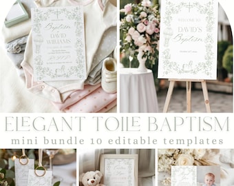 Sage Green Toile Baptism Printables Bundle: Editable Christening Invitation Template Download