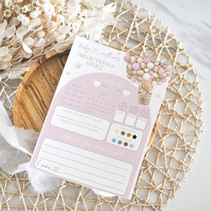 Baby meisje voorspellingen en advies Game Card, Bear roze ballon baby shower voorspellingen sjabloon Instand downloaden, gepersonaliseerde spel afdrukbaar