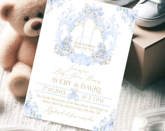 Editable Boy Baby Shower Invitation, Crest Monogram Blue Baby Shower Digital Invite, Teddy Bear Rocking Horse Invites Instant Download