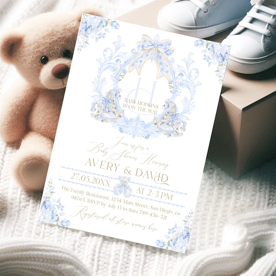 Editable Boy Baby Shower Invitation, Crest Monogram Blue Baby Shower Digital Invite, Teddy Bear Rocking Horse Invites Instant Download
