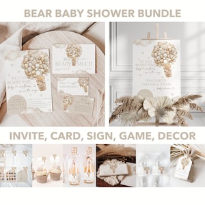 Editable Neutral Bear Baby Shower Invitation Bundle, We Can Bearly Wait, Bear Baby Shower Game Pack Printable, Boho Brown Bear Template