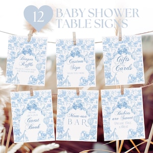 Blue Toile Safari Baby Boy Shower Sign Bundle, French Toile De Jouy Sign, Baby Shower Sign Printable, Safari Animal Table Sign Set Download
