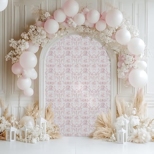 Różowe tło Toile na baby shower, Vintage kwiatowy kokardkowy herb Toile dla dziewczynek na imprezę, Chinoiserie żyrafa miś nadrukowany na znaku