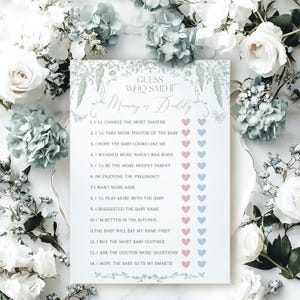 Mama of papa salie groene toile babyshowerspelletjes, Guess Who-feestspel afdrukbaar, elegante bloemenstrik, babyshowerspel downloaden