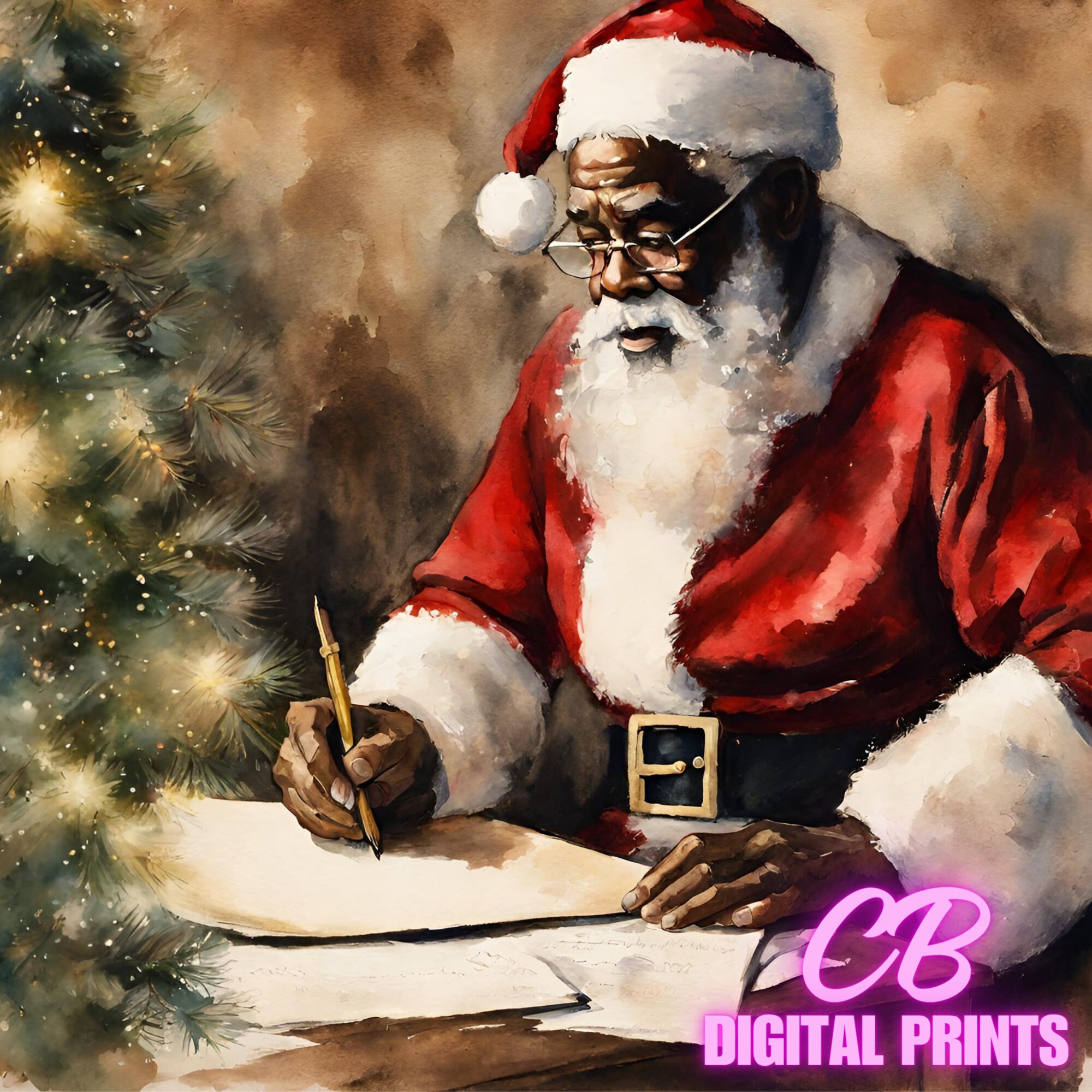 Black Vintage Santa, Watercolor Art, Black Santa, African