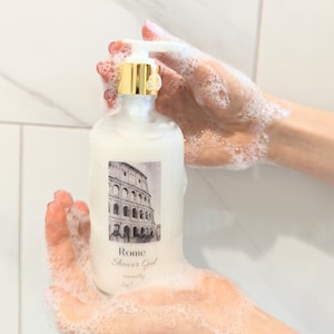 Rome- Essential oil Body Wash, Shower gel, Fragrances Inspired by travel. Frosted Glass Reusable Bottle. Aromatherapy body wash.