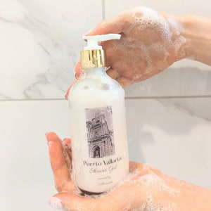 Puerto Vallarta- Essential oil Body Wash, Shower gel, Fragrances Inspired by travel. Frosted Glass Reusable Bottle.