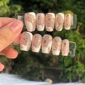 Medium size coffin gel press on nails/pink/gold/white french tip/acrylic nails/gel nails/press on nails