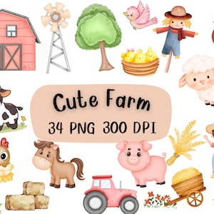 Farm animal watercolor clipart farm clipart, animal clipart, cute farm animals, cow, horse, pig, chicken, sheep, barn, farm, digital png