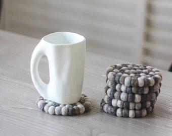 Wool Coaster, Absorbent Tea Coasters, Multi-Gray Coaster, Felt Coaster Set, Felt Ball Coasters, Modern Coasters, Wool Home Decor, Coffee Mat