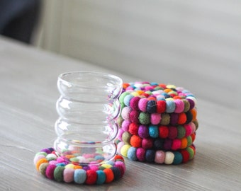 Wool Coaster, Absorbent Rainbow Tea Coasters, Rainbow Coaster | Felt Coaster Set | Felt Ball Coasters | Colorful Coasters | Wool Home Decor