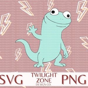 Op de afbeelding: Een cartoonafbeelding van een lichtblauwe hagedis die vriendelijk zwaait. De achtergrond is roze-bruin met bliksemmotieven. De tekst "SVG" en "PNG" staat onderaan.