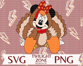 May include: A cartoon illustration of a turkey with a red bow and a red and white striped scarf. The turkey is wearing a brown and white costume with a brown and white feather pattern. The background is a pink and orange pattern with lightning bolts.