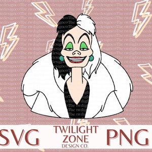 May include: A black and white cartoon illustration of Cruella De Vil from the Disney movie 101 Dalmatians. She is wearing a white fur coat and has a mischievous smile. The background is a pink and white pattern with lightning bolts.