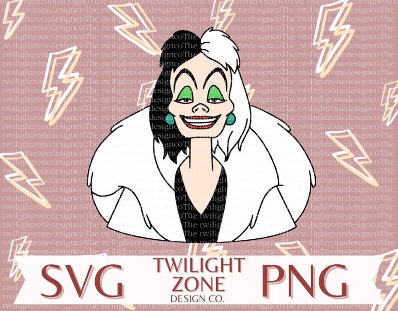 May include: A black and white cartoon illustration of Cruella De Vil from the Disney movie 101 Dalmatians. She is wearing a white fur coat and has a mischievous smile. The background is a pink and white pattern with lightning bolts.