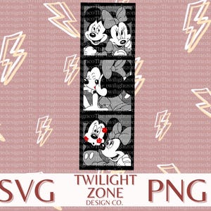 May include: A black and white photo booth strip featuring Mickey Mouse and Minnie Mouse in three different poses. Mickey and Minnie are both wearing red and white polka dot bows. The photo booth strip is set against a pink background with white lightning bolts.
