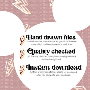 May include: A digital product advertisement with a light pink background and white circles. Text includes "Hand drawn files," "Quality checked," and "Instant download." Decorative lightning bolt graphics are also present.