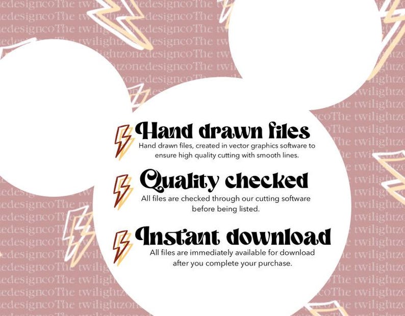 May include: A digital product advertisement with a light pink background and white circles. Text includes "Hand drawn files," "Quality checked," and "Instant download." Decorative lightning bolt graphics are also present.