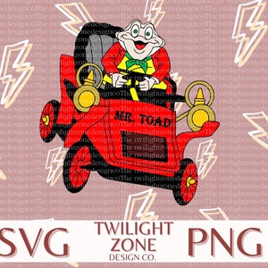 May include: A red cartoon car with a frog character driving. The car has a gold lamp on the side and the text "Mr. Toad" on the front. The background is a pink pattern with lightning bolts.