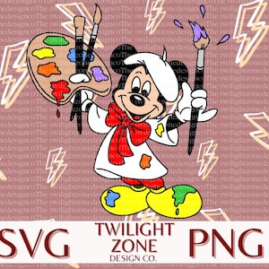 Może przedstawiać: Myszka Miki przebrana za artystę, trzymająca pędzel i paletę z kolorową farbą. Ma na sobie biały fartuch z czerwoną muszką i biały kapelusz malarza. Tło to różowy wzór z żółtymi błyskawicami.