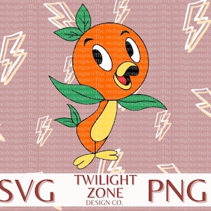 May include: A cartoon orange bird with a large orange head and a yellow body. The bird is wearing a green leaf on its head and has a surprised expression on its face. The background is a pink pattern of lightning bolts.