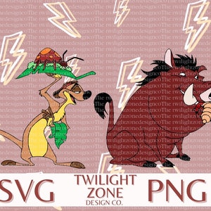 May include: A digital illustration of Timon and Pumbaa from Disney's The Lion King. Timon is a meerkat holding a green leaf and Pumbaa is a warthog eating a worm. The background is a pink pattern of lightning bolts.