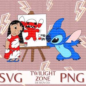 May include: A cartoon illustration of Lilo from Lilo & Stitch painting a red Stitch character on an easel. Stitch is standing to the right of the easel with his arm raised, looking at the painting. The background is a pink color with yellow lightning bolts.