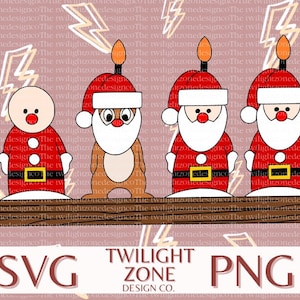 May include: Three Santa Claus candle holders with red suits, white beards, and black belts. The candle holders are standing on a wooden surface with a brown background. The text "TWILIGHT ZONE DESIGN CO." is at the bottom of the image.