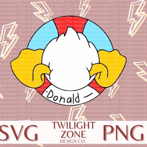 May include: A cartoon illustration of Donald Duck wearing a red and white life preserver with a blue center. The life preserver has the word "Donald" written on it. The background is a pink color with yellow lightning bolts.