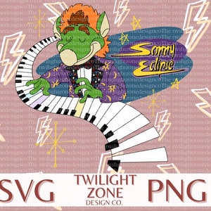 May include: A green, orange, and purple cartoon character playing a keyboard. The character is wearing a purple jacket with stars and moons. The background is pink with white lightning bolts and stars. The text "Sonny Eclipse" is in a yellow cloud.