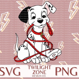 May include: A cartoon Dalmatian puppy with black spots is sitting on a red leash. The puppy is looking to the left and has a red collar around its neck. The background is a pink and orange pattern of lightning bolts.