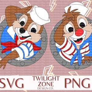 May include: A cartoon image of a chipmunk wearing a sailor hat and a red and white striped shirt. The chipmunk is looking to the right and has a big smile on its face. The image is set against a background of a porthole with a metal frame.