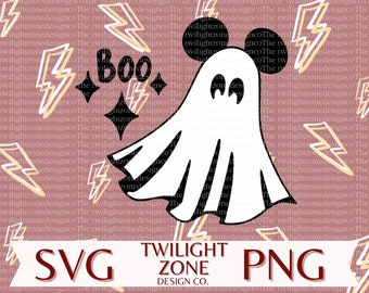May include: A black and white illustration of a ghost with Mickey Mouse ears. The ghost is wearing a white sheet and has a friendly expression. The background is a pink pattern of lightning bolts. The text "BOO!" is written in black above the ghost.