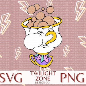 Puede incluir: Una taza de té amarilla con una cara blanca y un asa amarilla. La taza de té está llena de té marrón y tiene una base púrpura y amarilla. La taza de té está rodeada de rayos amarillos sobre un fondo rosa.