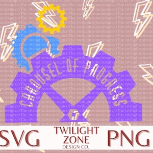 May include: Purple gear with the words "Rouse of Progress" inside. The gear is outlined in white and has a yellow and blue gear inside. The background is a light brown with white lightning bolts.