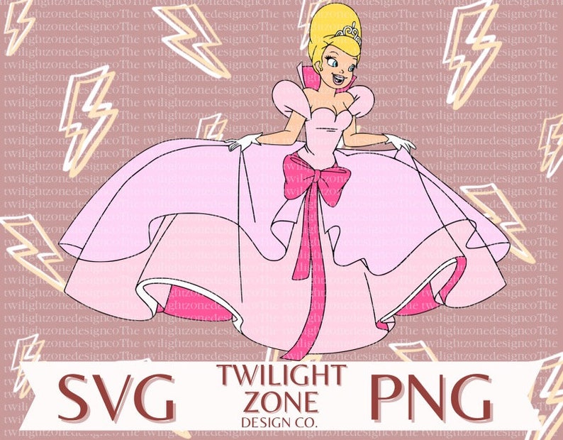 May include: A cartoon illustration of a blonde woman wearing a pink dress with a large pink bow. The woman is smiling and holding the skirt of her dress with both hands. The background is a pink and white pattern of lightning bolts.