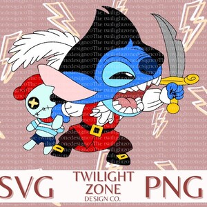 Pode incluir: Um gráfico digital com um personagem de desenho animado azul em traje de pirata, segurando uma espada e acompanhado por uma pequena boneca. O personagem tem uma expressão zangada. O fundo inclui raios e o texto "SVG" e "PNG".