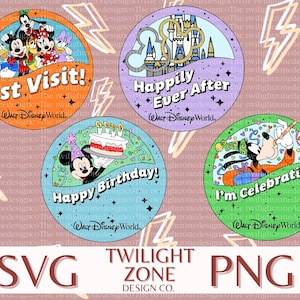 May include: Four colorful round stickers with Disney characters and text. The stickers feature Mickey Mouse, Minnie Mouse, Goofy, and Donald Duck. The text on the stickers reads "1st Visit!", "Happily Ever After", "Happy Birthday!" and "I'm Celebrating!"