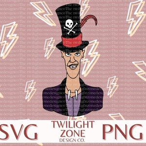 May include: A digital illustration of a character from the Twilight Zone wearing a top hat with a skull and crossbones design. The character has a mustache and a goatee. The background is a pink pattern of lightning bolts.