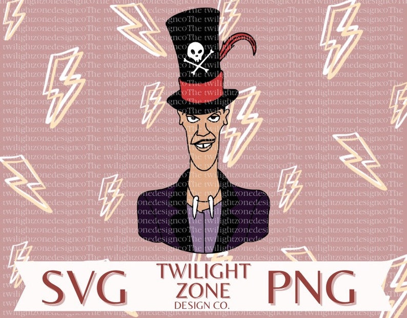 May include: A digital illustration of a character from the Twilight Zone wearing a top hat with a skull and crossbones design. The character has a mustache and a goatee. The background is a pink pattern of lightning bolts.