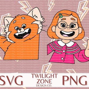 May include: A digital illustration of a red panda and a girl with glasses. The red panda is waving with its paw raised. The girl is smiling and giving a peace sign. The background is a pink and yellow pattern of lightning bolts. The text "SVG TWILIGHT ZONE DESIGN CO. PNG" is at the bottom of the image.