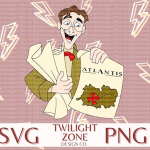 Pode incluir: Uma ilustração de desenho animado de um homem segurando um mapa enrolado e um pedaço de papel com a palavra "ATLANTIS" escrita nele. O mapa tem uma cruz vermelha nele. O fundo é um padrão rosa e branco de raios.