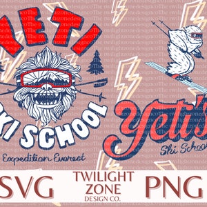 May include: A digital design with a yeti theme. The design includes the text "Yeti Ski School" in red and blue, along with illustrations of a yeti skiing and a yeti face with ski goggles. The design also includes the text "Expedition Everest".