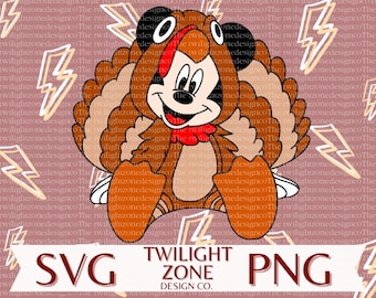 May include: A cartoon illustration of Mickey Mouse dressed as a turkey. Mickey is wearing a brown turkey costume with a red bow tie and a pair of aviator goggles. The background is a pink and white pattern of lightning bolts.