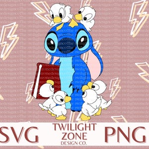 Könnte beinhalten: Blaue Stitch-Figur, die ein rotes Buch hält, mit drei weißen Vögeln auf dem Kopf. Der Hintergrund ist ein rosa Muster mit gelben Blitzen.